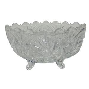 Vintage Candy Holder Sawtooth Crystal 7" Oval Diamond Cut Pinwheel Glass W/ Feet